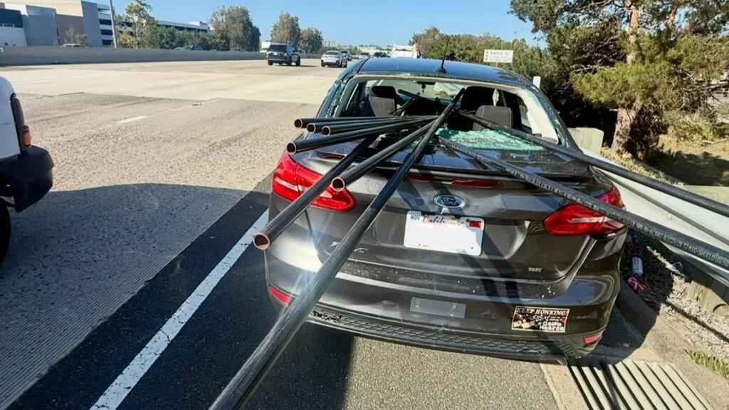 California driver survives after metal pipes pierce car in highway crash